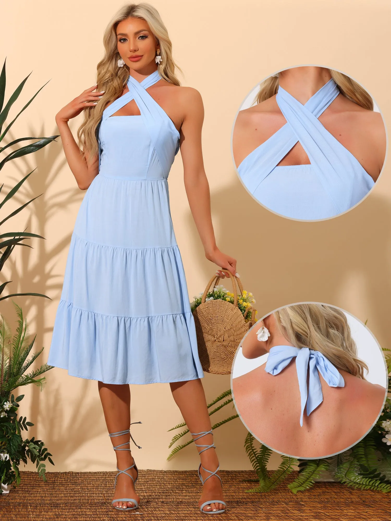 Halter Neck Smocked Sleeveless Slim Fit Vacation Midi Tiered Dress Sundress sold by Allegra K product image thumbnail 2