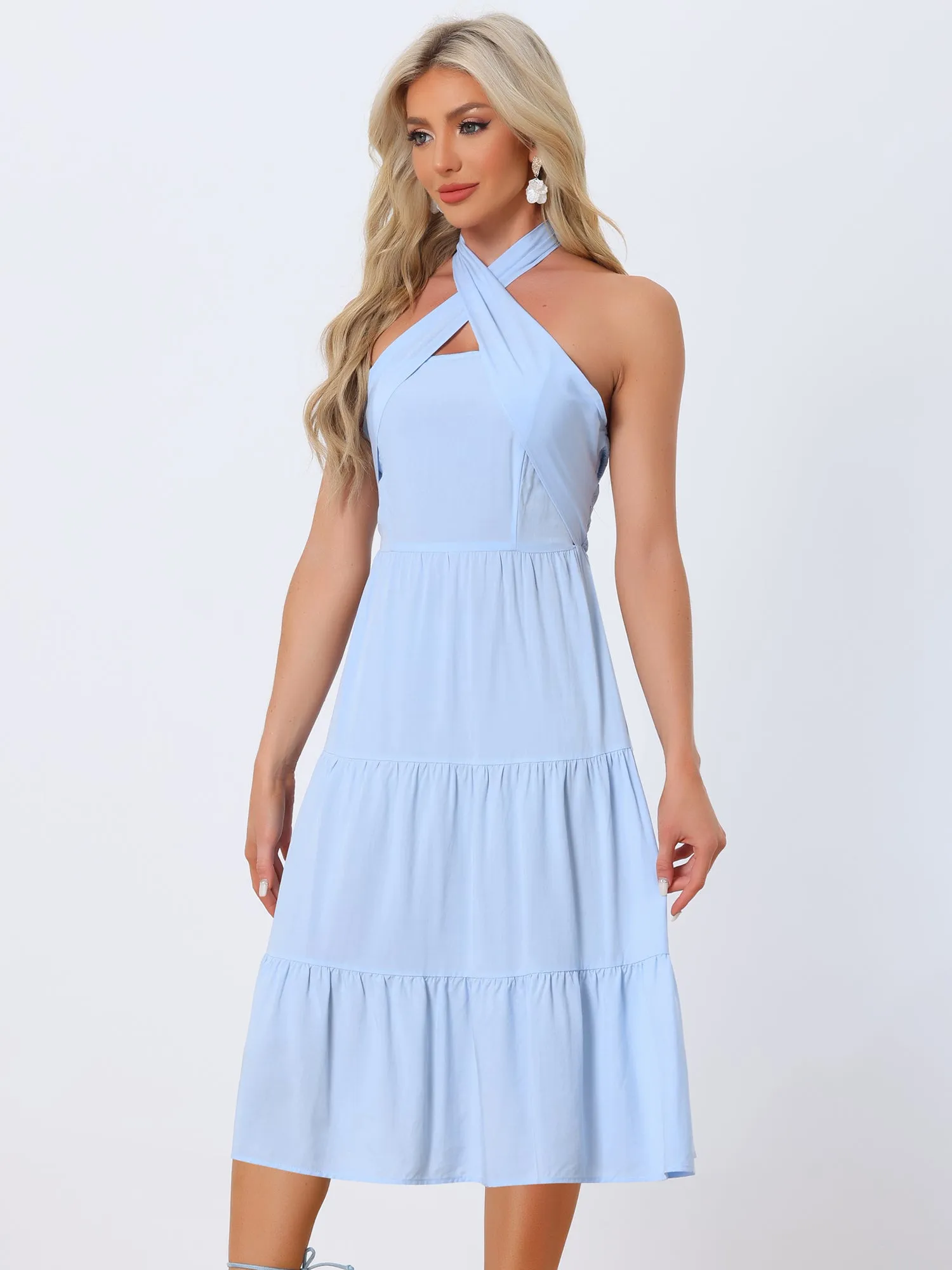 Halter Neck Smocked Sleeveless Slim Fit Vacation Midi Tiered Dress Sundress sold by Allegra K
