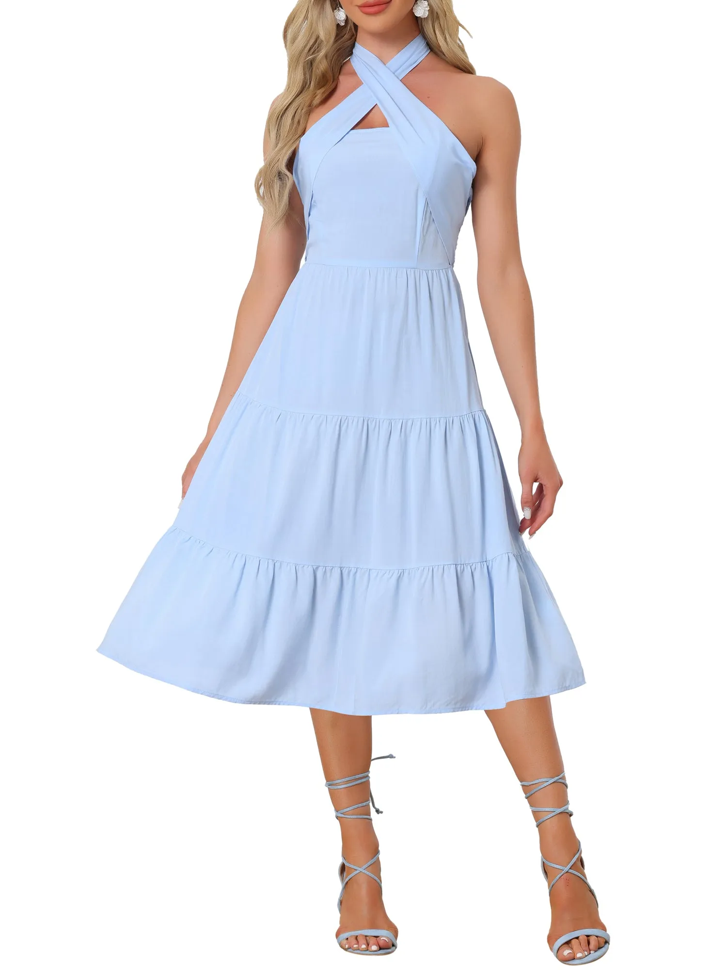 Halter Neck Smocked Sleeveless Slim Fit Vacation Midi Tiered Dress Sundress sold by Allegra K product image thumbnail 5