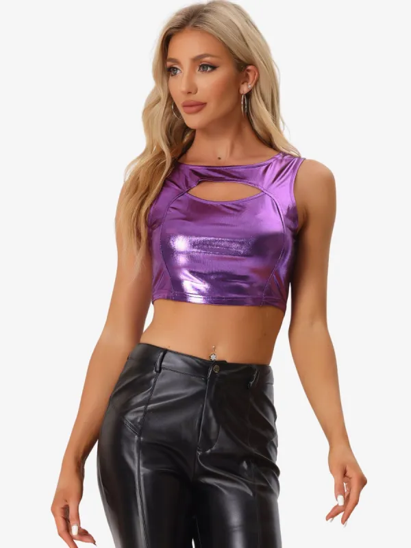 Metallic Shiny Sleeveless Cut Out Party Holographic Tank Crop Top sold by Allegra K