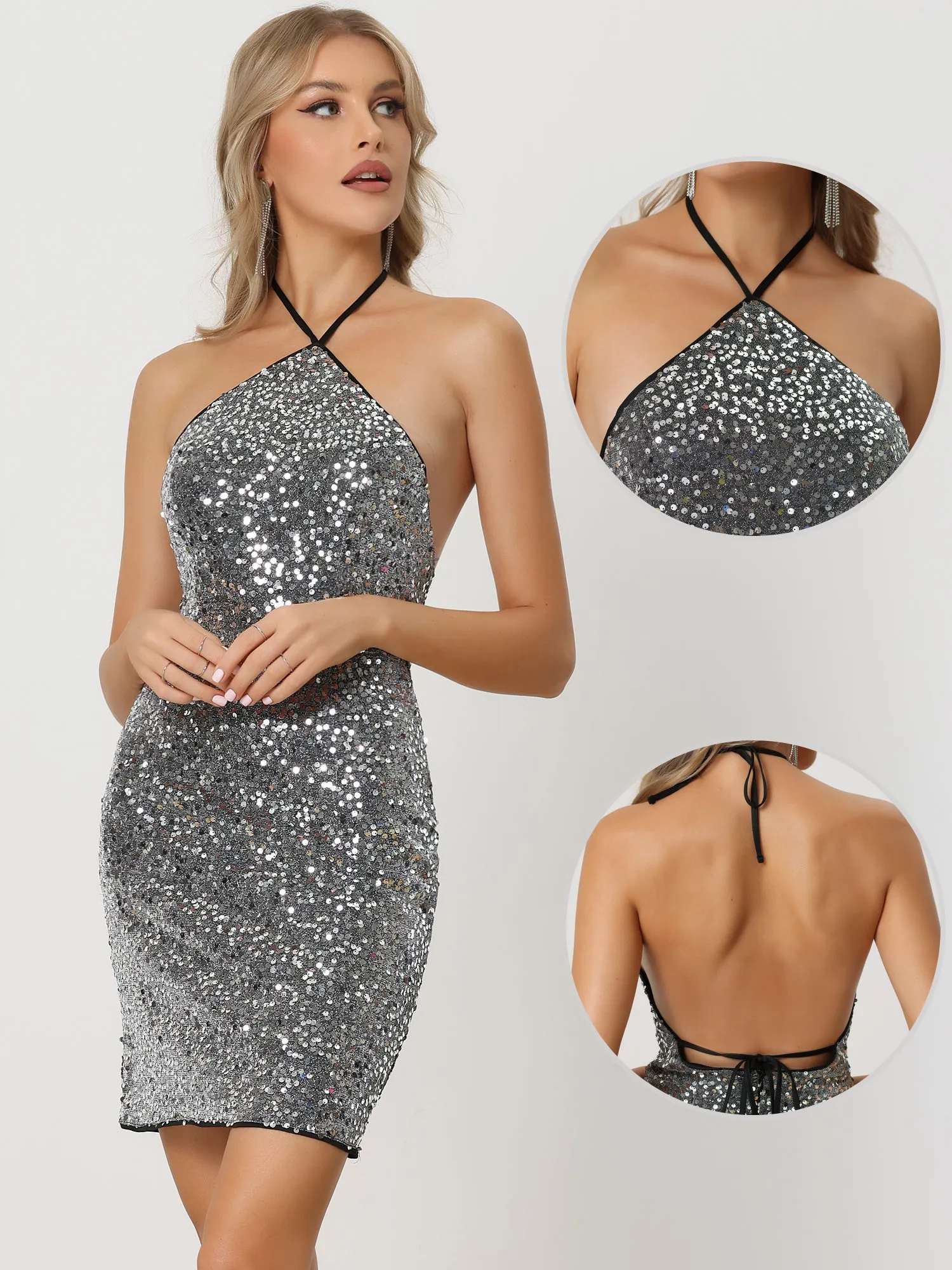 Party Dress Criss-Cross Self Tie Backless Sequin Mini Dress sold by Allegra K product image thumbnail 2
