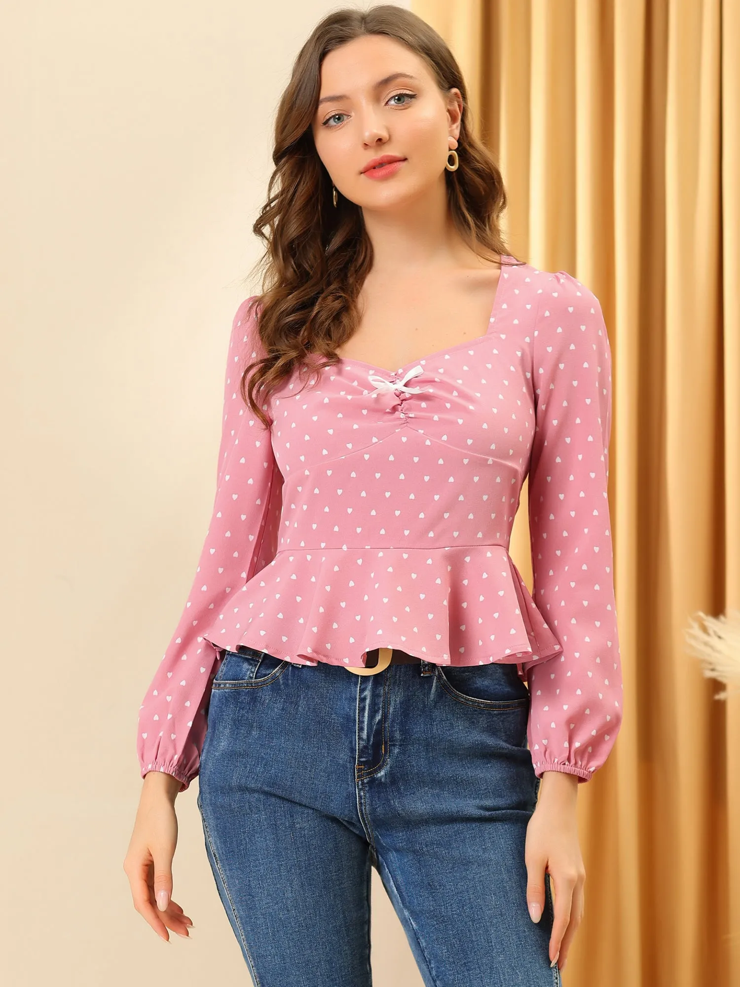 Cute Heart Print Sweetheart Neck Long Sleeve Peplum Top sold by Allegra K product image thumbnail 4