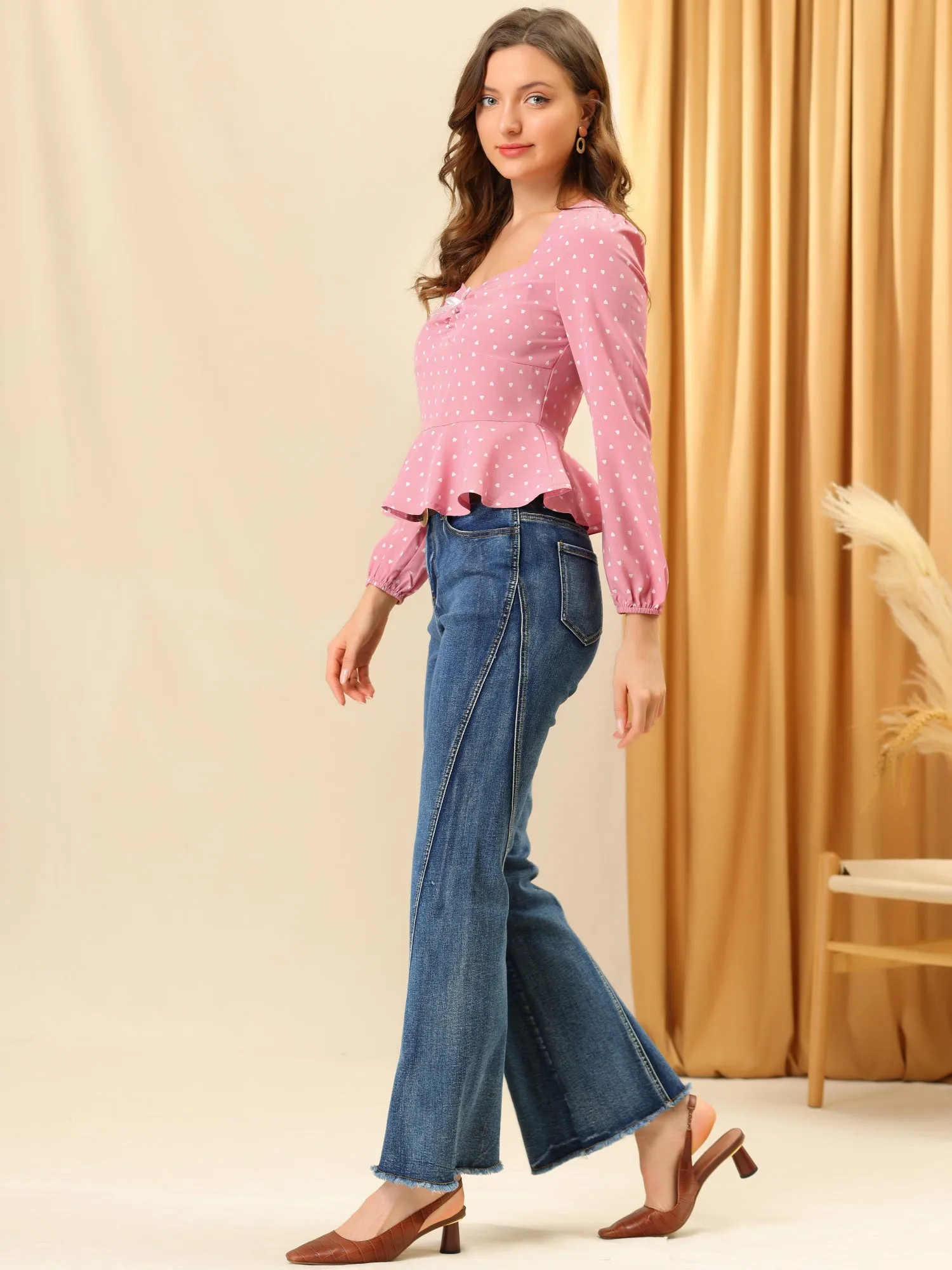 Cute Heart Print Sweetheart Neck Long Sleeve Peplum Top sold by Allegra K product image thumbnail 3