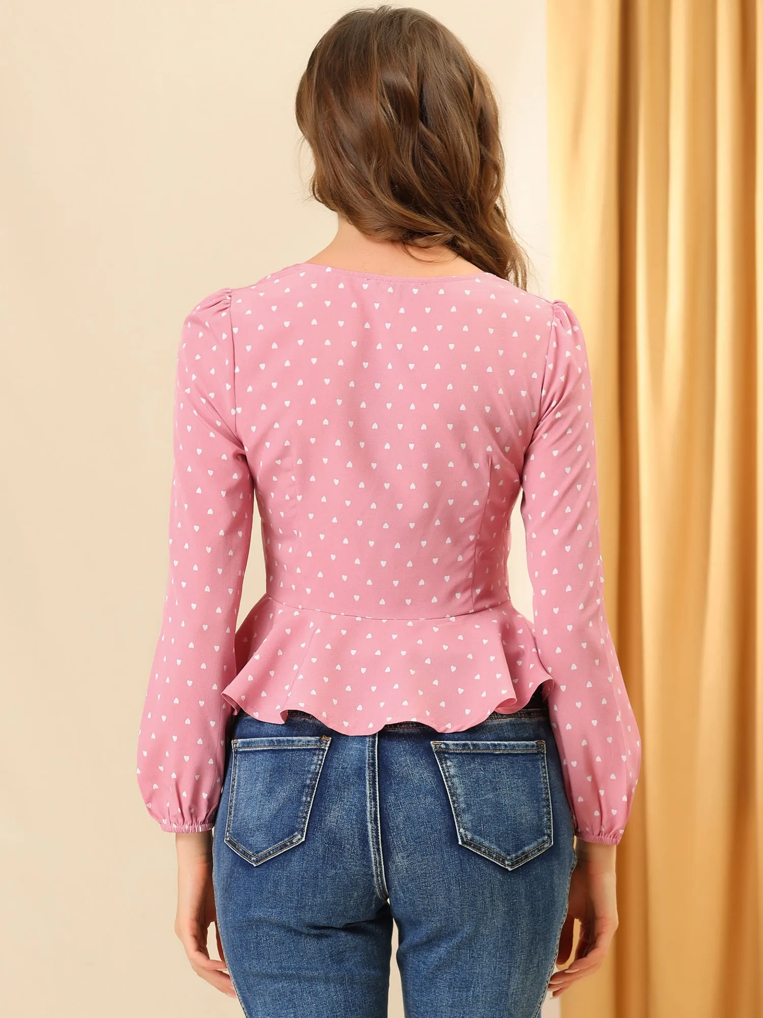 Cute Heart Print Sweetheart Neck Long Sleeve Peplum Top sold by Allegra K product image thumbnail 5