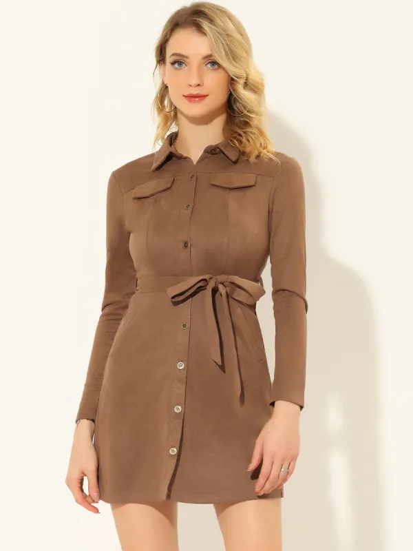 Faux Suede Lapel Tie Waist Long Sleeve Button Down Mini Dress sold by Allegra K