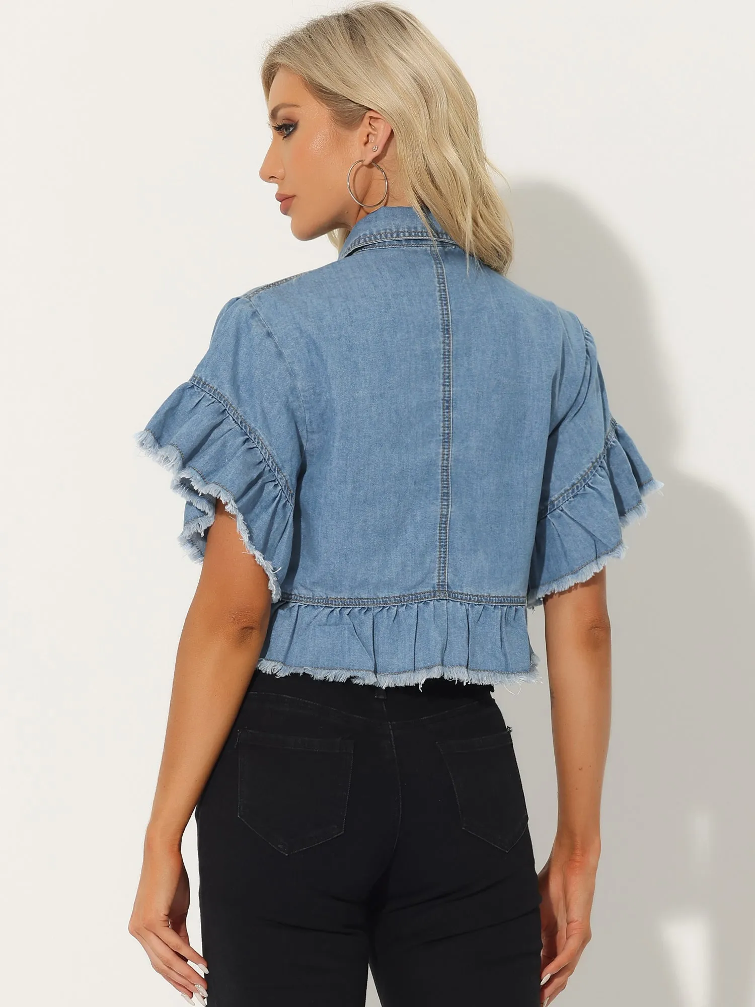 Denim Ruffled Short Sleeve Lightweight Peplum Hem Cropped Jean Jacket sold by Allegra K product image thumbnail 3
