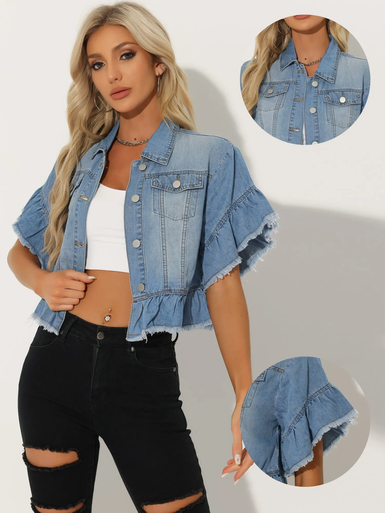 Denim Ruffled Short Sleeve Lightweight Peplum Hem Cropped Jean Jacket sold by Allegra K product image thumbnail 2