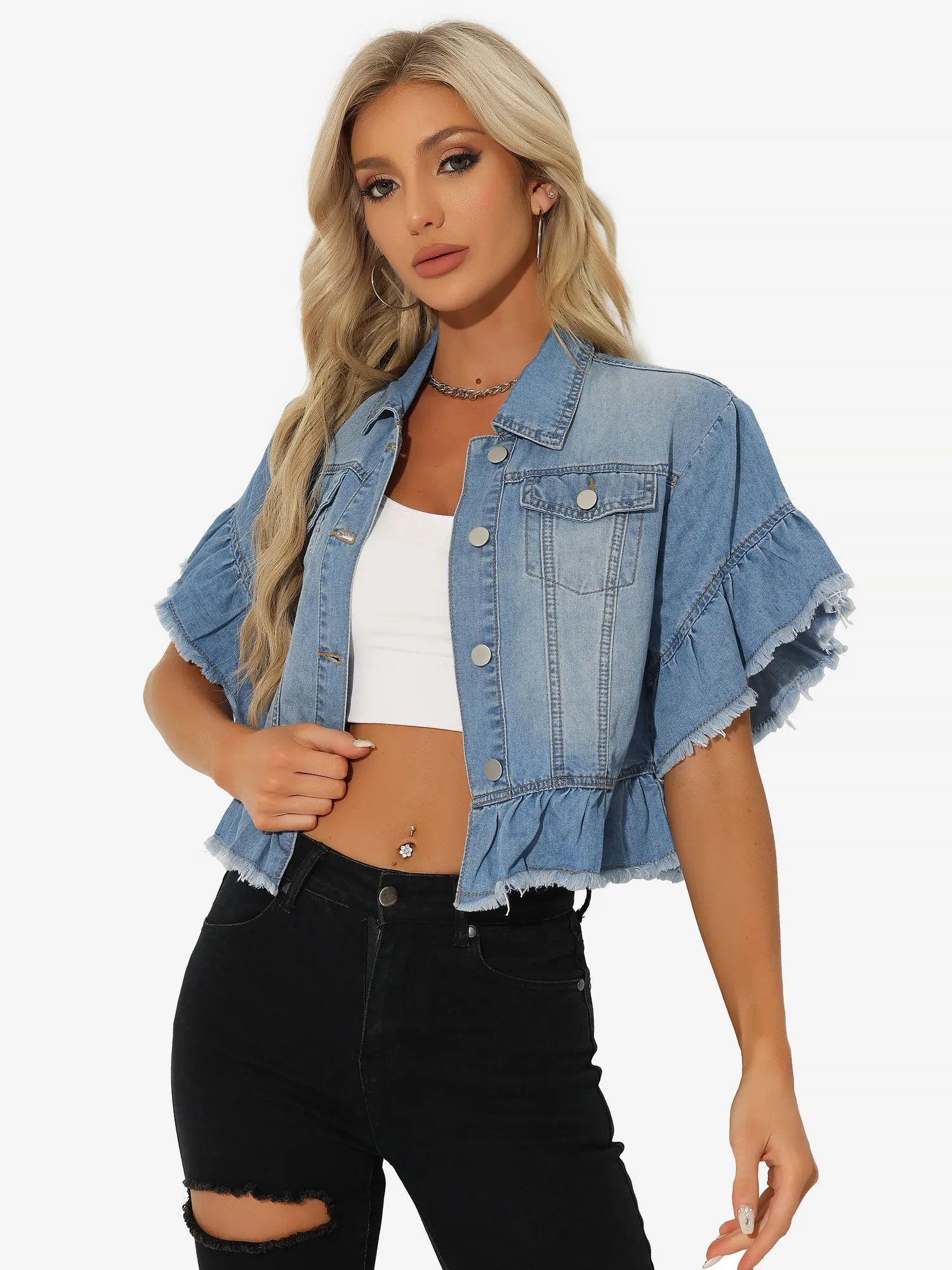 Denim Ruffled Short Sleeve Lightweight Peplum Hem Cropped Jean Jacket sold by Allegra K