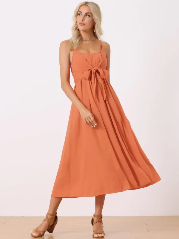 Casual Sleeveless Spaghetti Strap Tied Waist Flowy Midi Dress Sundress sold by Allegra K