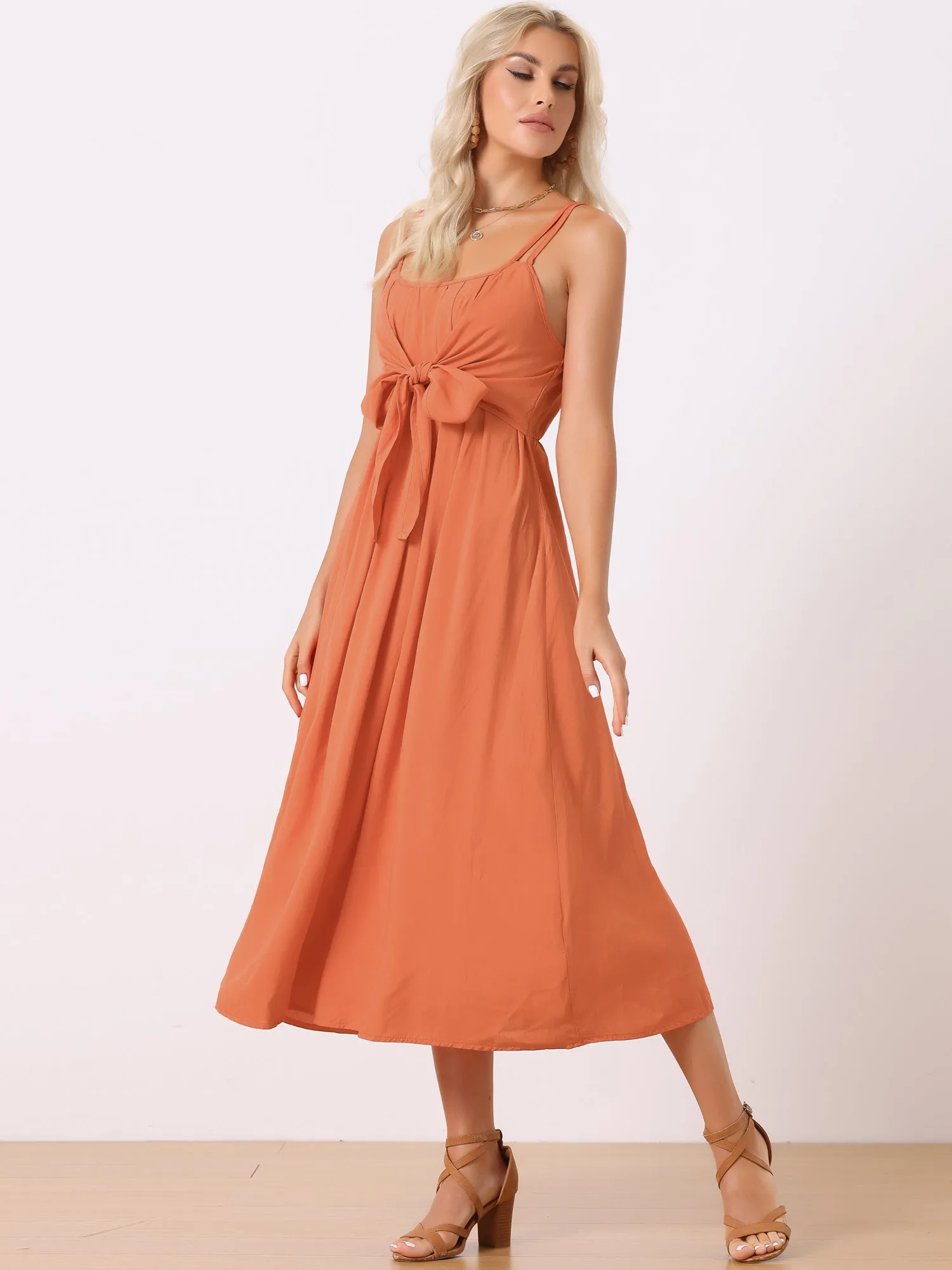 Casual Sleeveless Spaghetti Strap Tied Waist Flowy Midi Dress Sundress sold by Allegra K product image thumbnail 2