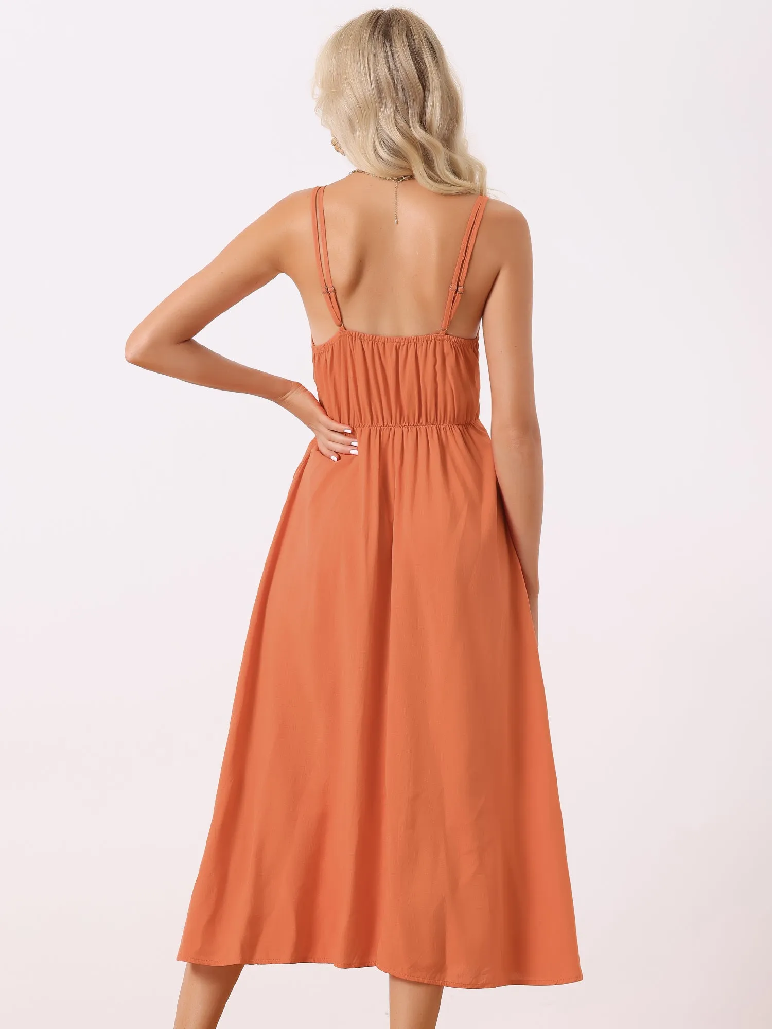 Casual Sleeveless Spaghetti Strap Tied Waist Flowy Midi Dress Sundress sold by Allegra K product image thumbnail 3