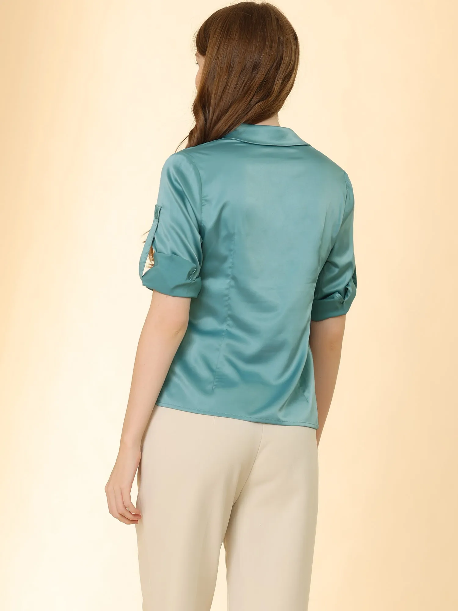 Elegant Satin Blouse Roll Up 3/4 Sleeve V Neck Casual Work Shirt Top sold by Allegra K product image thumbnail 5