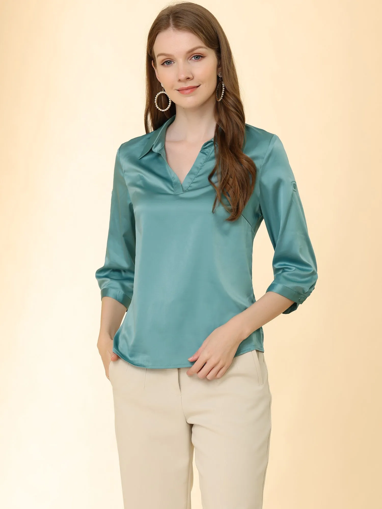 Elegant Satin Blouse Roll Up 3/4 Sleeve V Neck Casual Work Shirt Top sold by Allegra K product image thumbnail 2