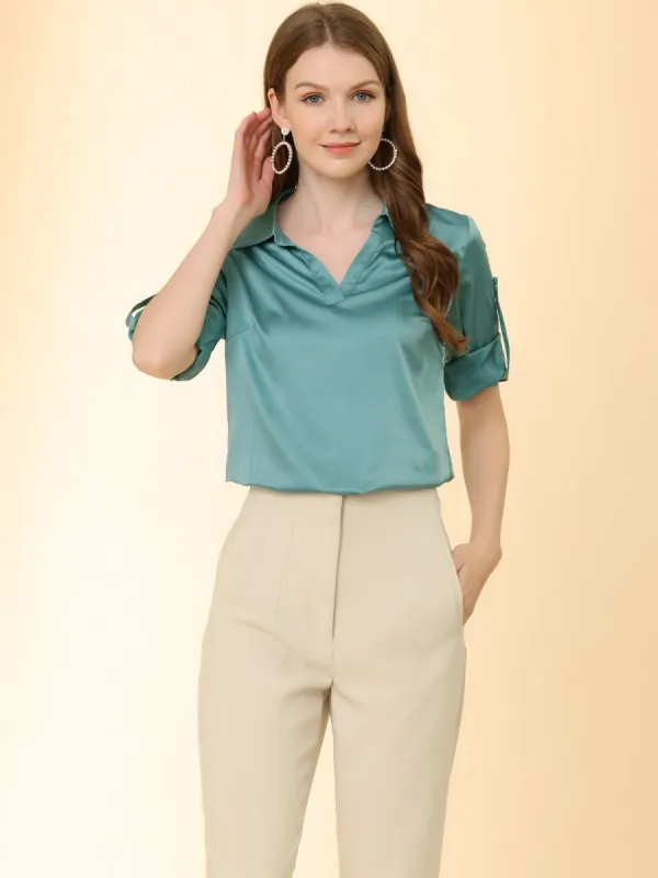 Elegant Satin Blouse Roll Up 3/4 Sleeve V Neck Casual Work Shirt Top sold by Allegra K
