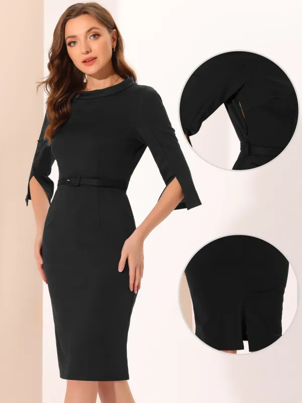 Office 3/4 Sleeves Belted Mock Neck Pencil Midi Dress sold by Allegra K