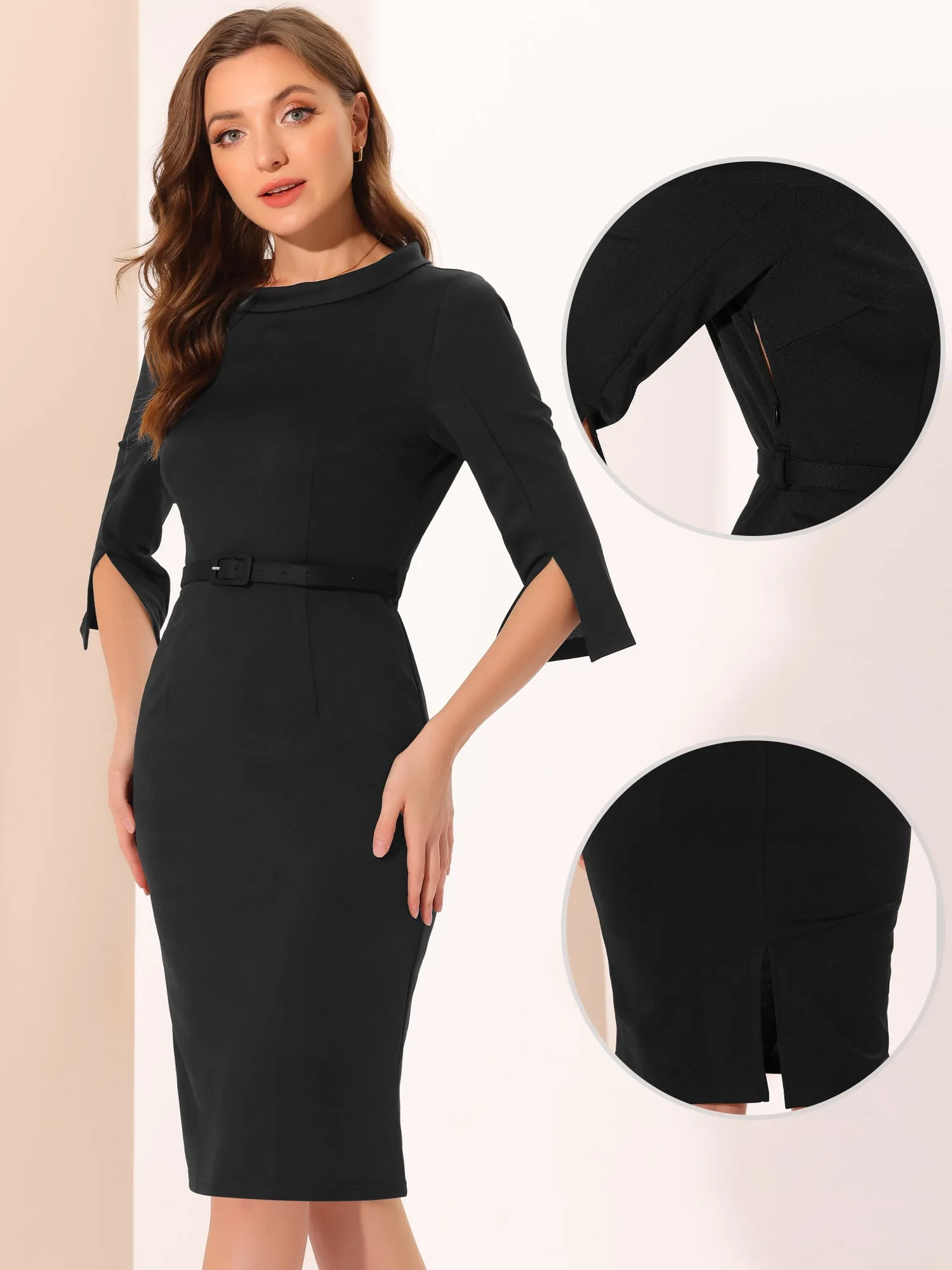 Office 3/4 Sleeves Belted Mock Neck Pencil Midi Dress sold by Allegra K