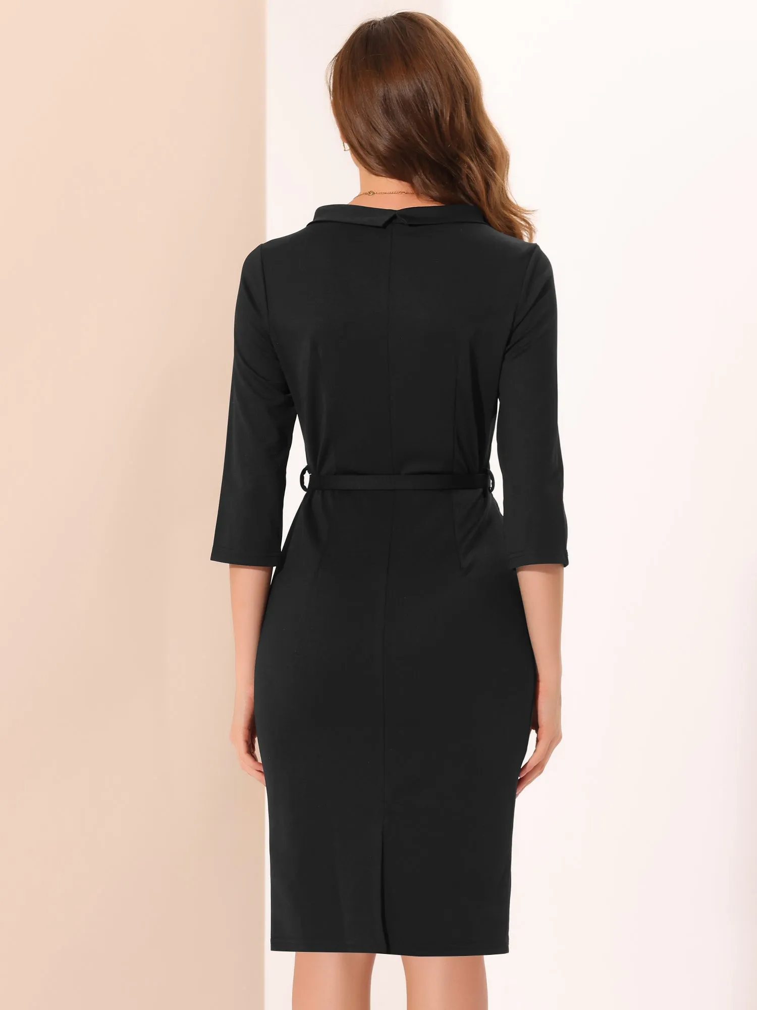 Office 3/4 Sleeves Belted Mock Neck Pencil Midi Dress sold by Allegra K product image thumbnail 2