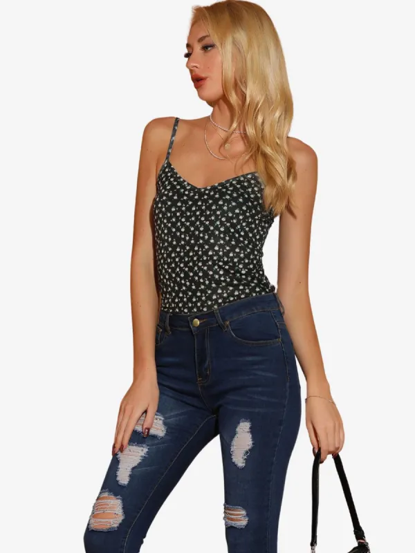 V Neck Daisy Print Semi Sheer Adjustable Strap Tank Top sold by Allegra K