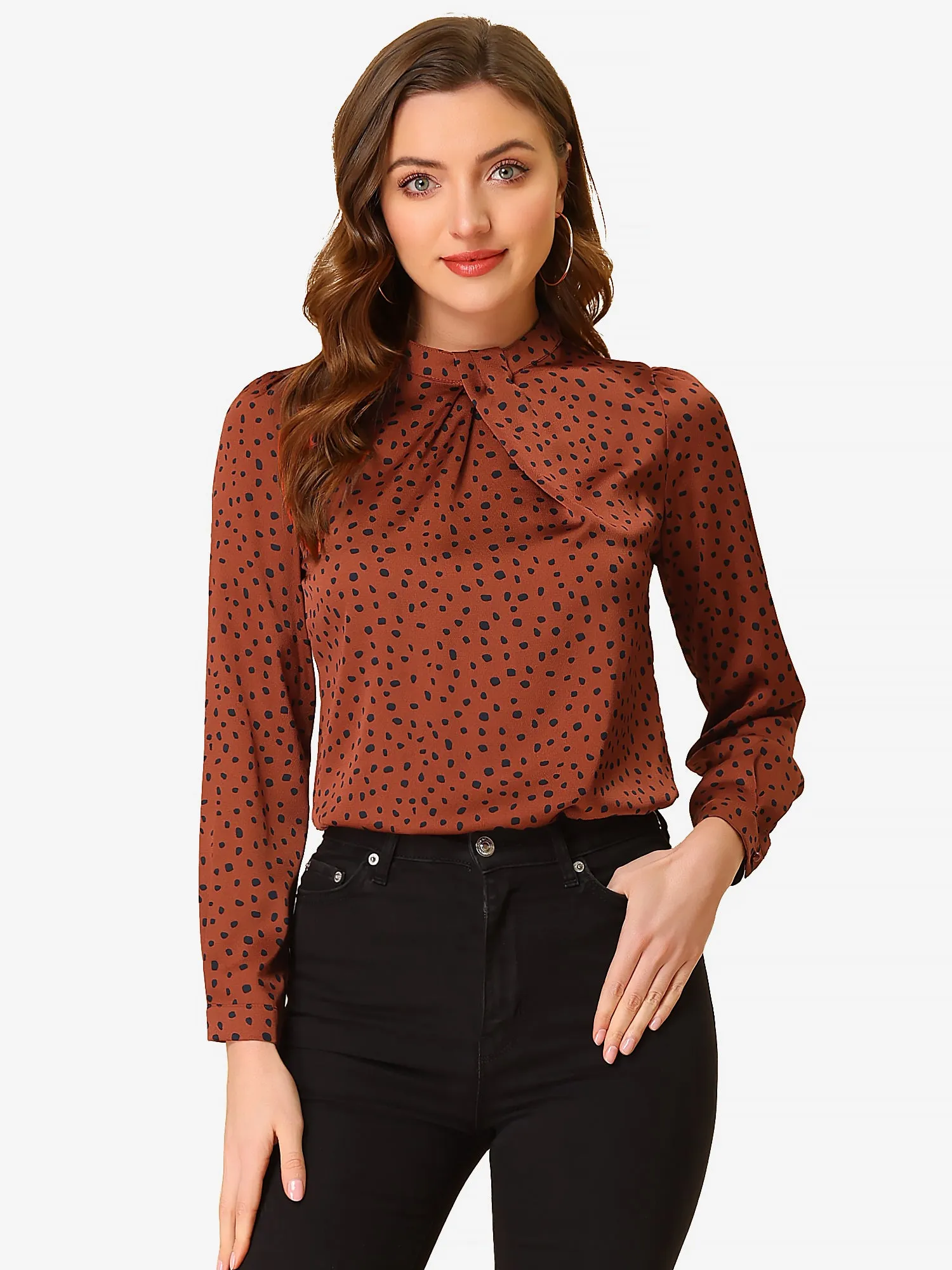 Vintage Dots Long Puff Sleeve Ruffle Twist Neck Satin Blouse Top sold by Allegra K