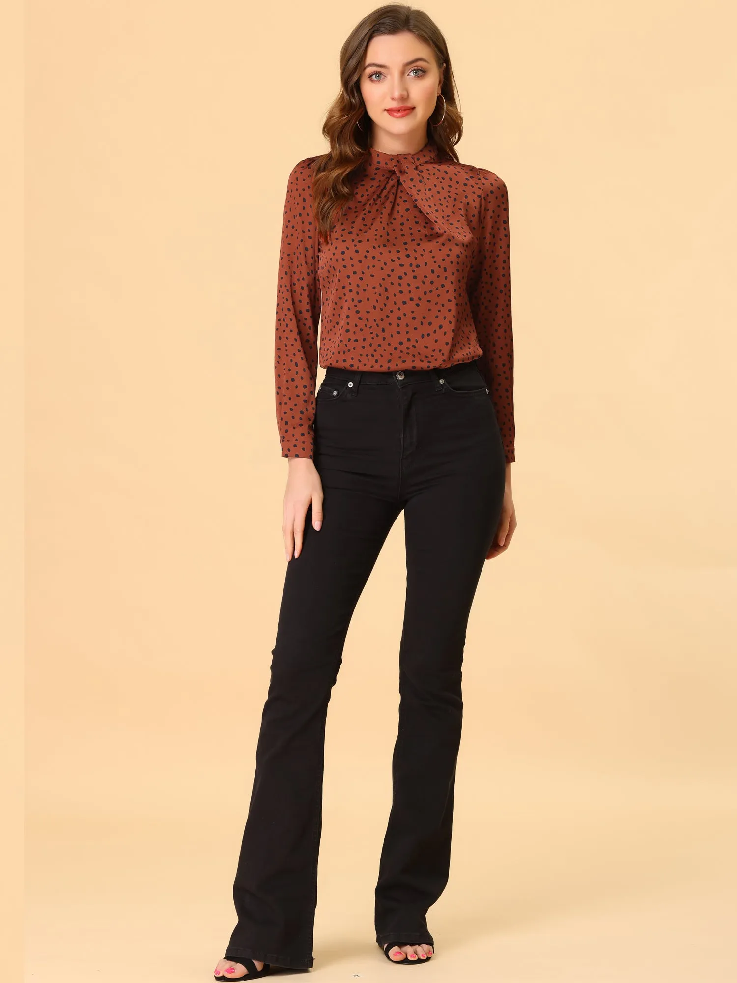 Vintage Dots Long Puff Sleeve Ruffle Twist Neck Satin Blouse Top sold by Allegra K product image thumbnail 3