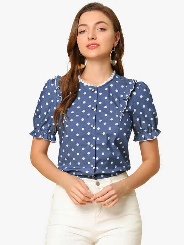 Chambray Blouse Polka Dots Puff Short Sleeve Elegant Shirt Tops sold by Allegra K