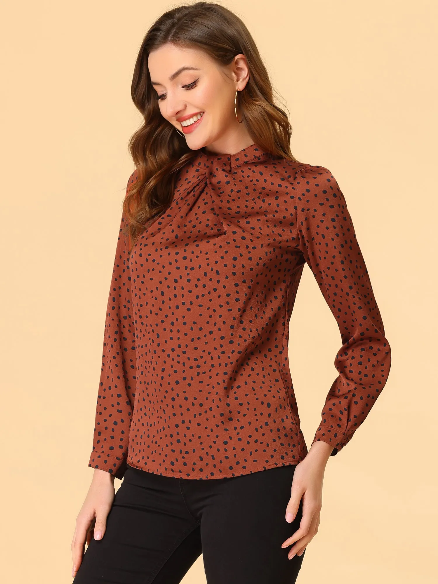 Vintage Dots Long Puff Sleeve Ruffle Twist Neck Satin Blouse Top sold by Allegra K product image thumbnail 2