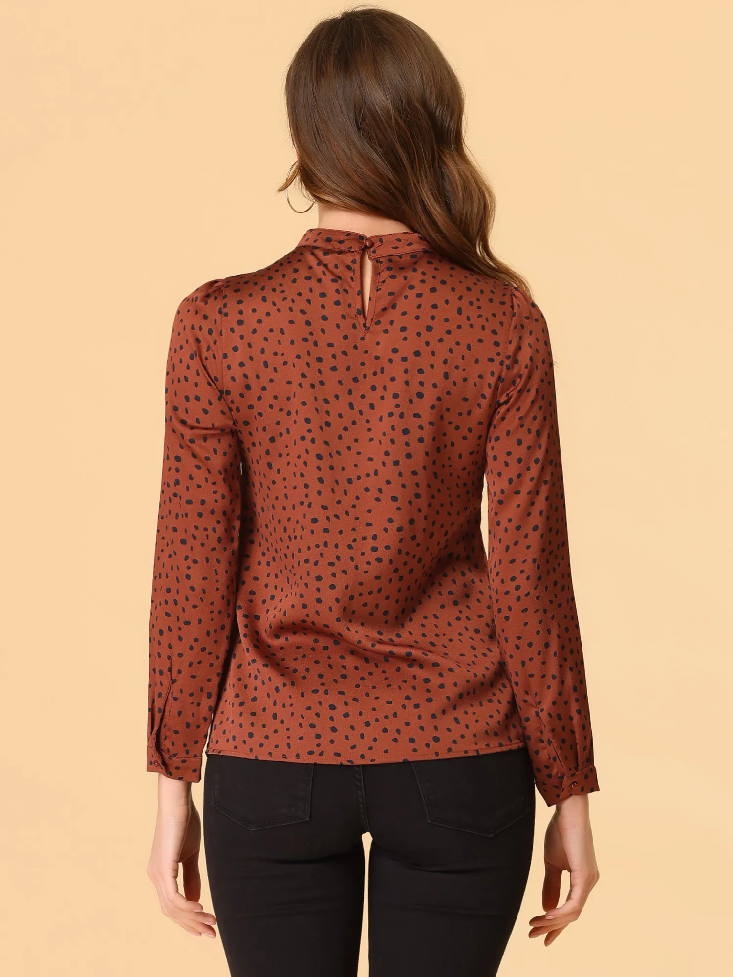 Vintage Dots Long Puff Sleeve Ruffle Twist Neck Satin Blouse Top sold by Allegra K product image thumbnail 4