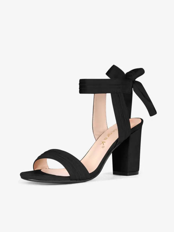 Open Toe Ankle Tie Back Faux Suede Chunky Heel Sandals sold by Allegra K