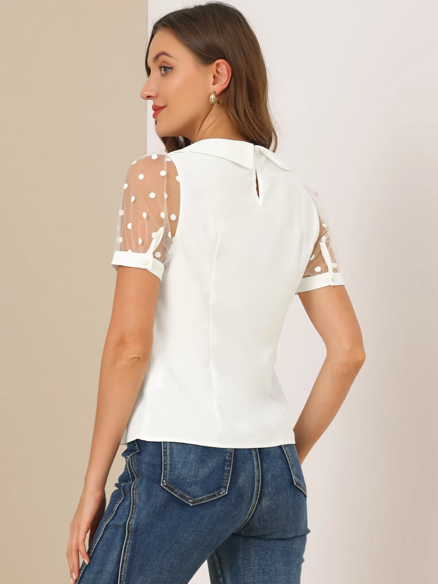 Peter Pan Collar Puff Mesh Short Sleeve Polka Dot Blouse sold by Allegra K product image thumbnail 4