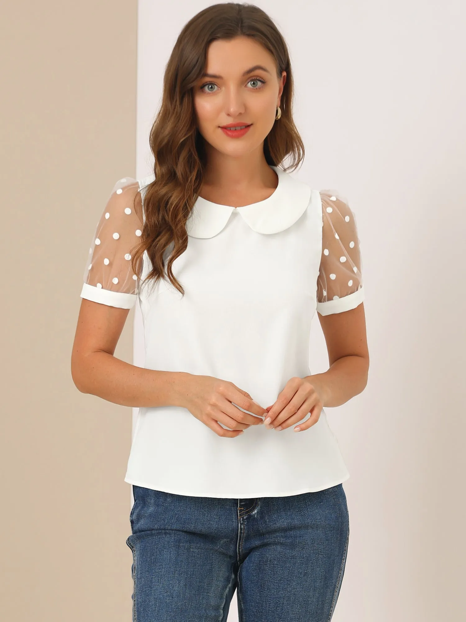 Peter Pan Collar Puff Mesh Short Sleeve Polka Dot Blouse sold by Allegra K
