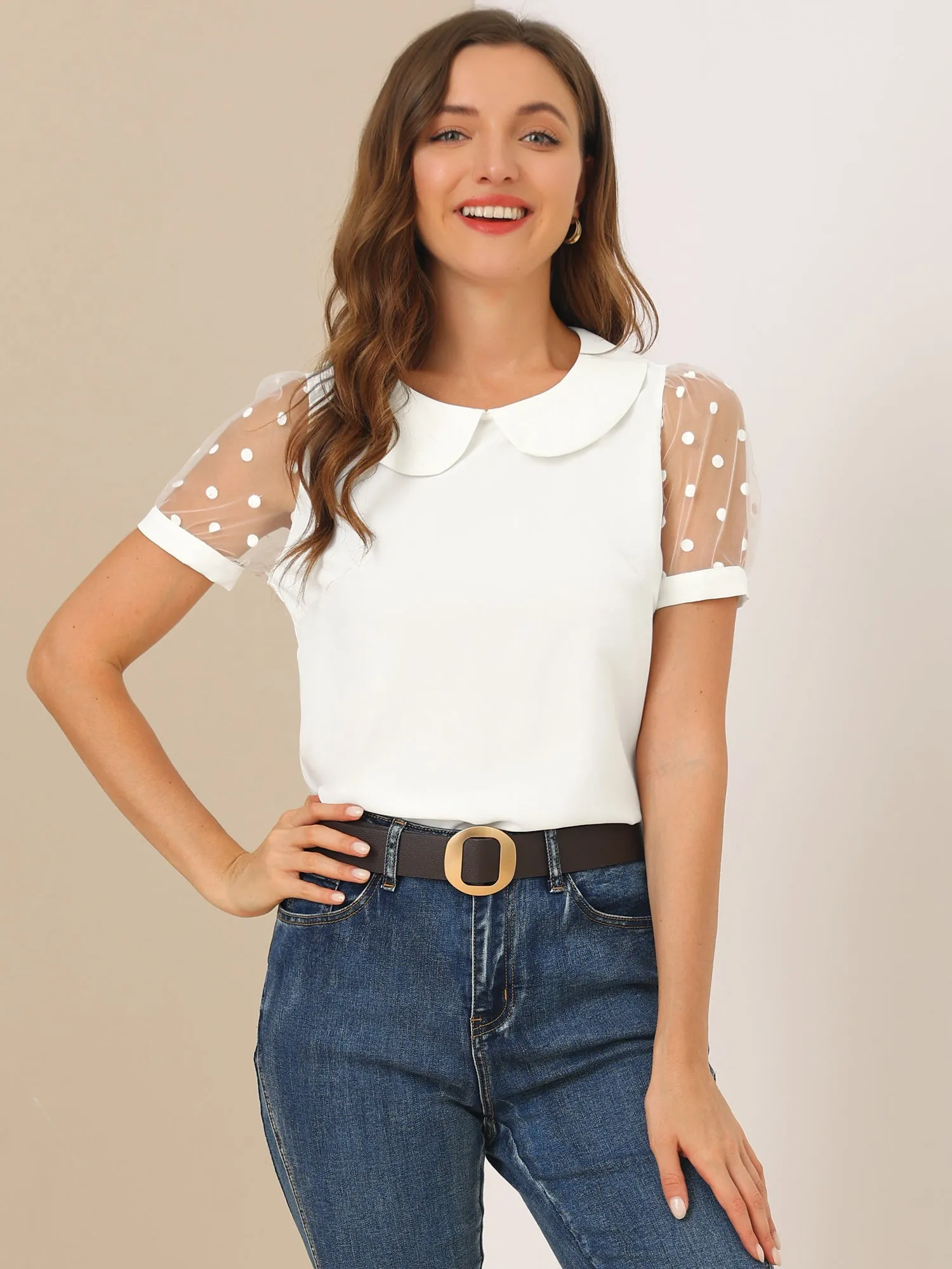 Peter Pan Collar Puff Mesh Short Sleeve Polka Dot Blouse sold by Allegra K product image thumbnail 2