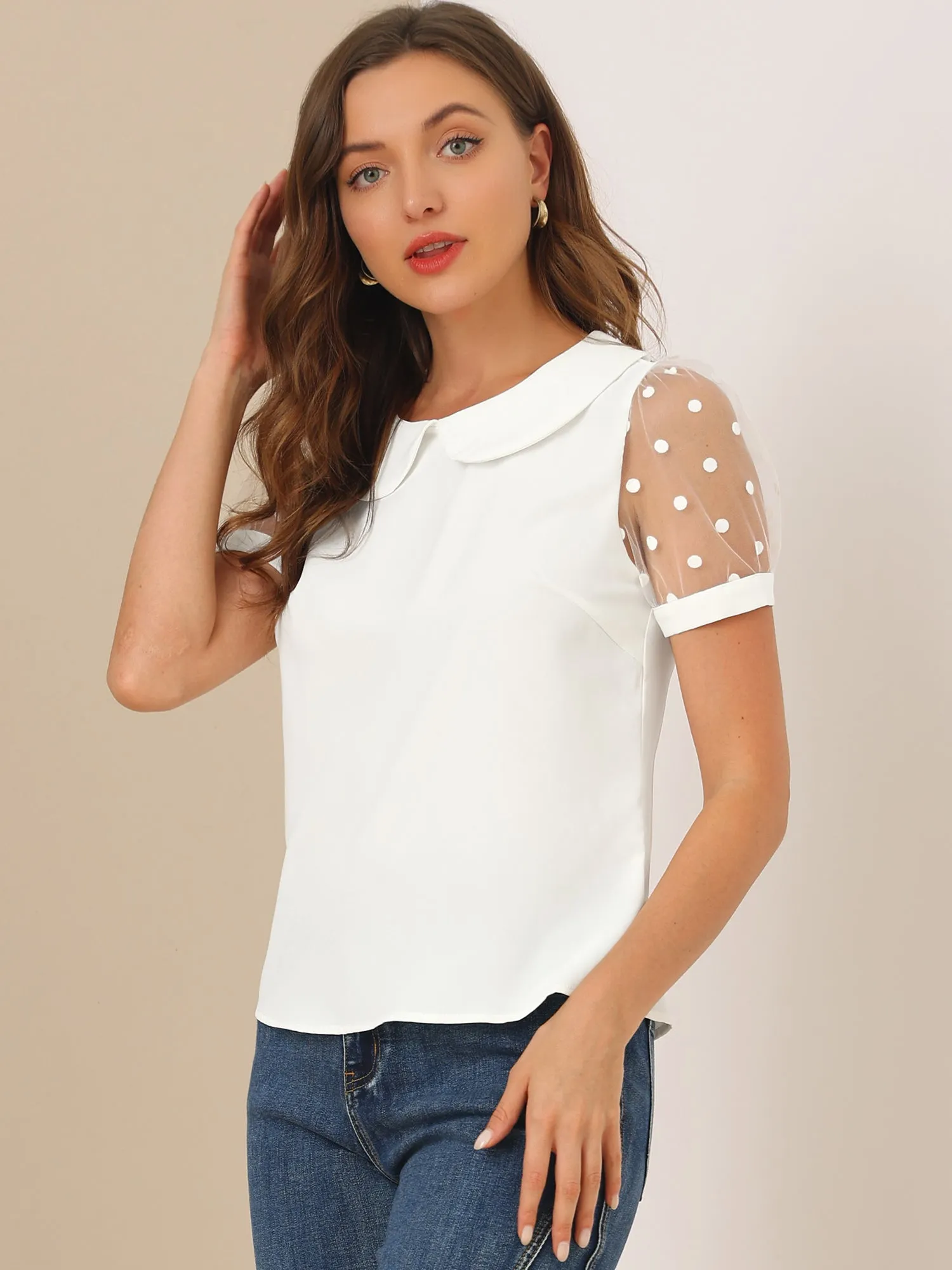 Peter Pan Collar Puff Mesh Short Sleeve Polka Dot Blouse sold by Allegra K product image thumbnail 3