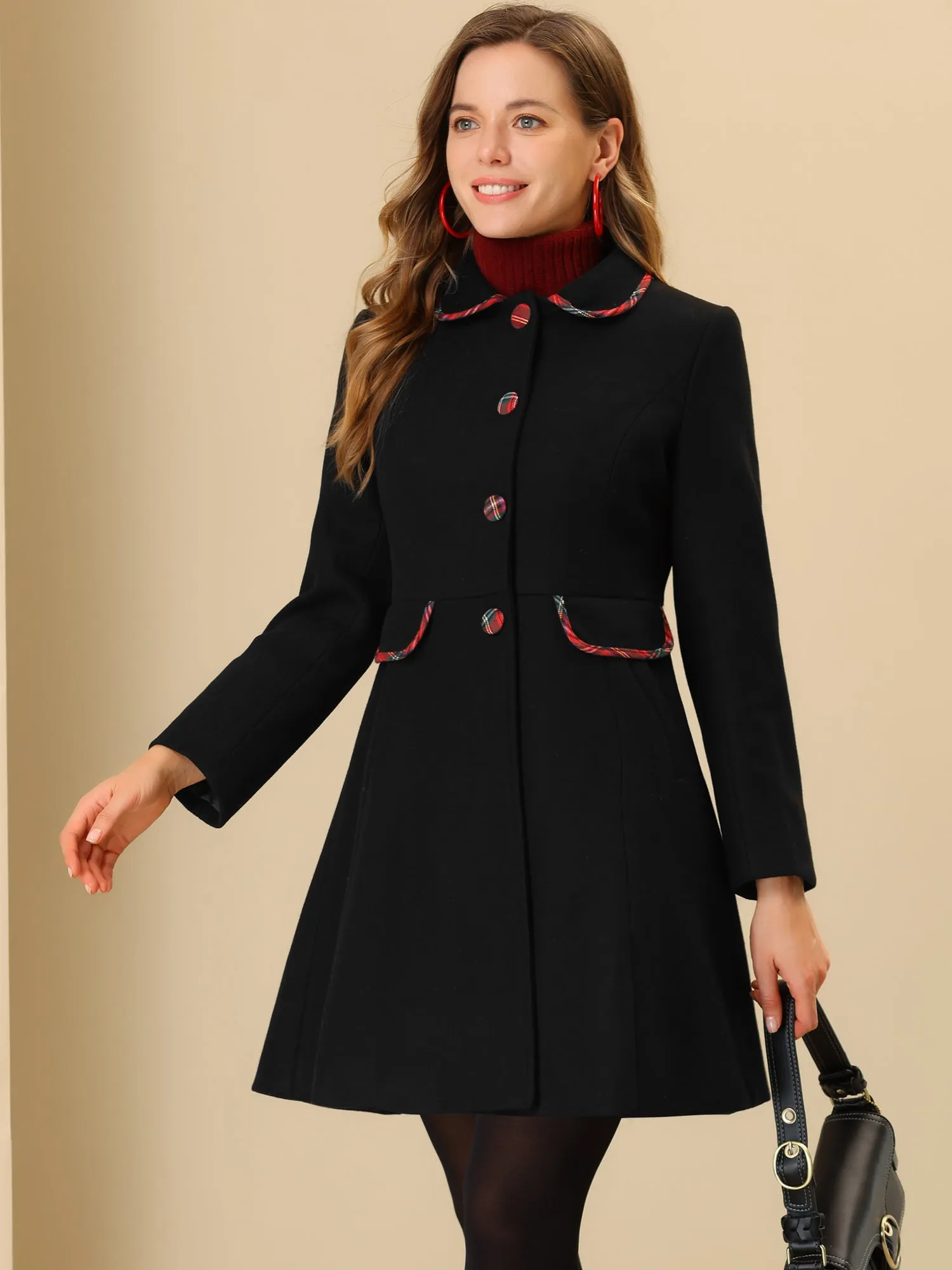 Peter Pan Collar Contrast Trim Single Breasted Winter Long Coat sold by Allegra K product image thumbnail 2