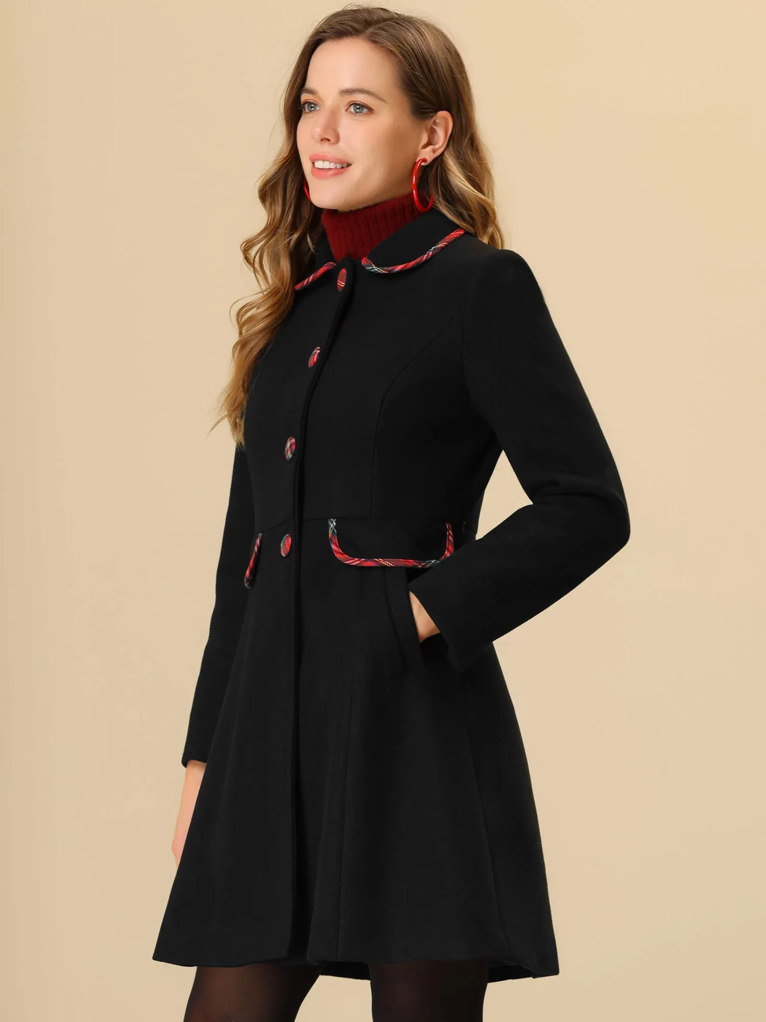 Peter Pan Collar Contrast Trim Single Breasted Winter Long Coat sold by Allegra K product image thumbnail 3