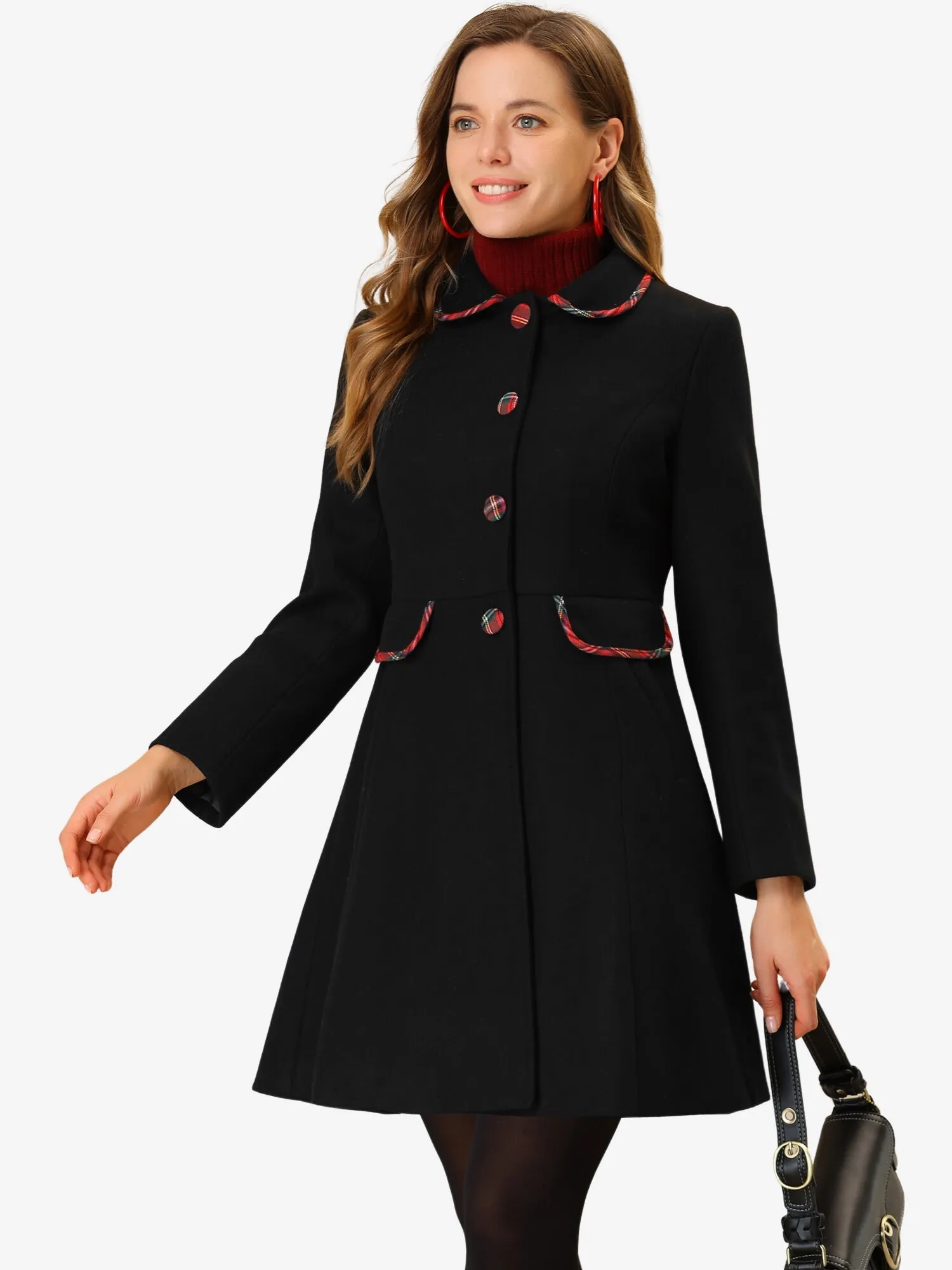 Peter Pan Collar Contrast Trim Single Breasted Winter Long Coat sold by Allegra K