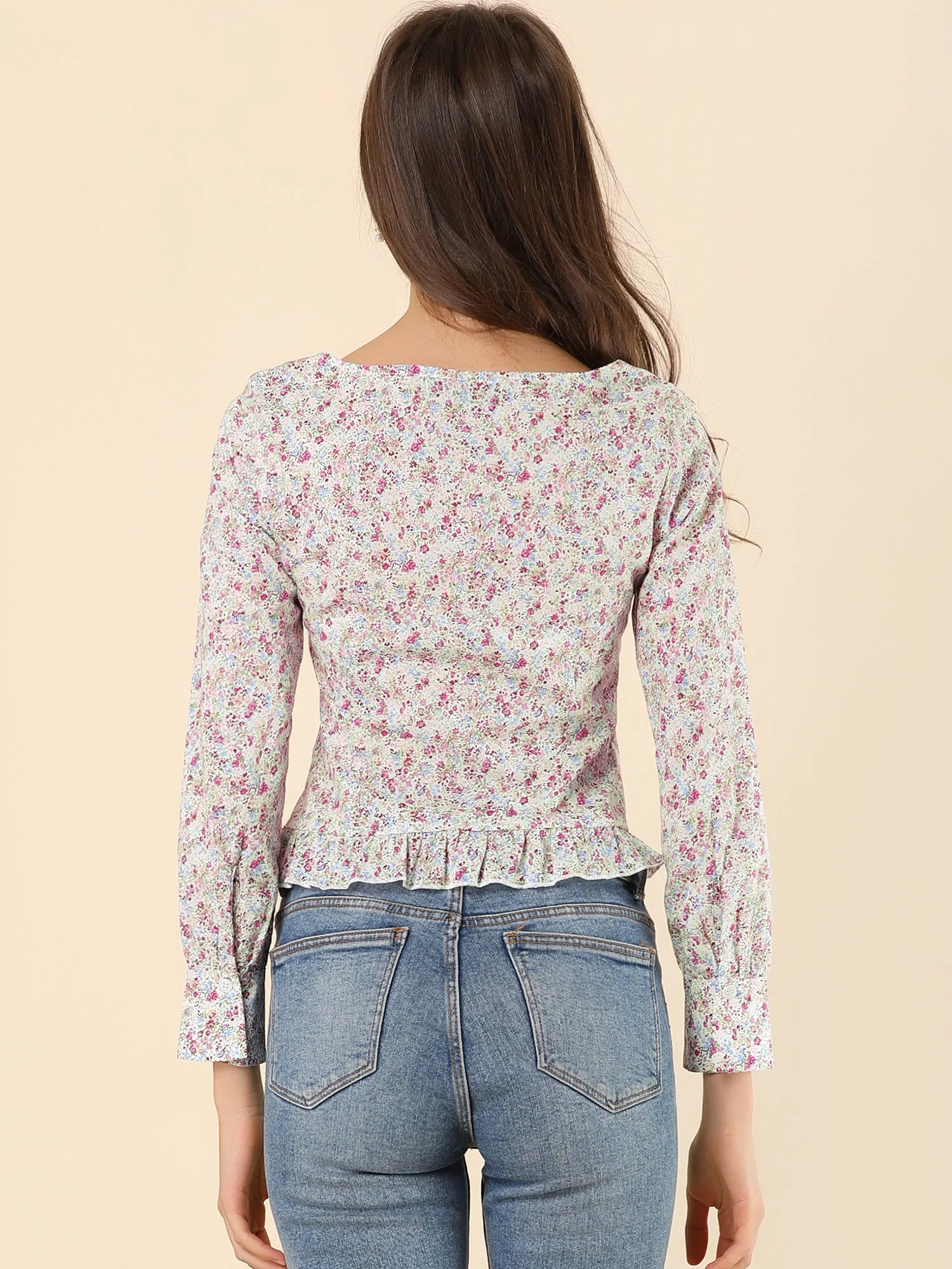 Square Neck Ruffle Shirt Long Sleeve Crop Top Floral Blouse sold by Allegra K product image thumbnail 4