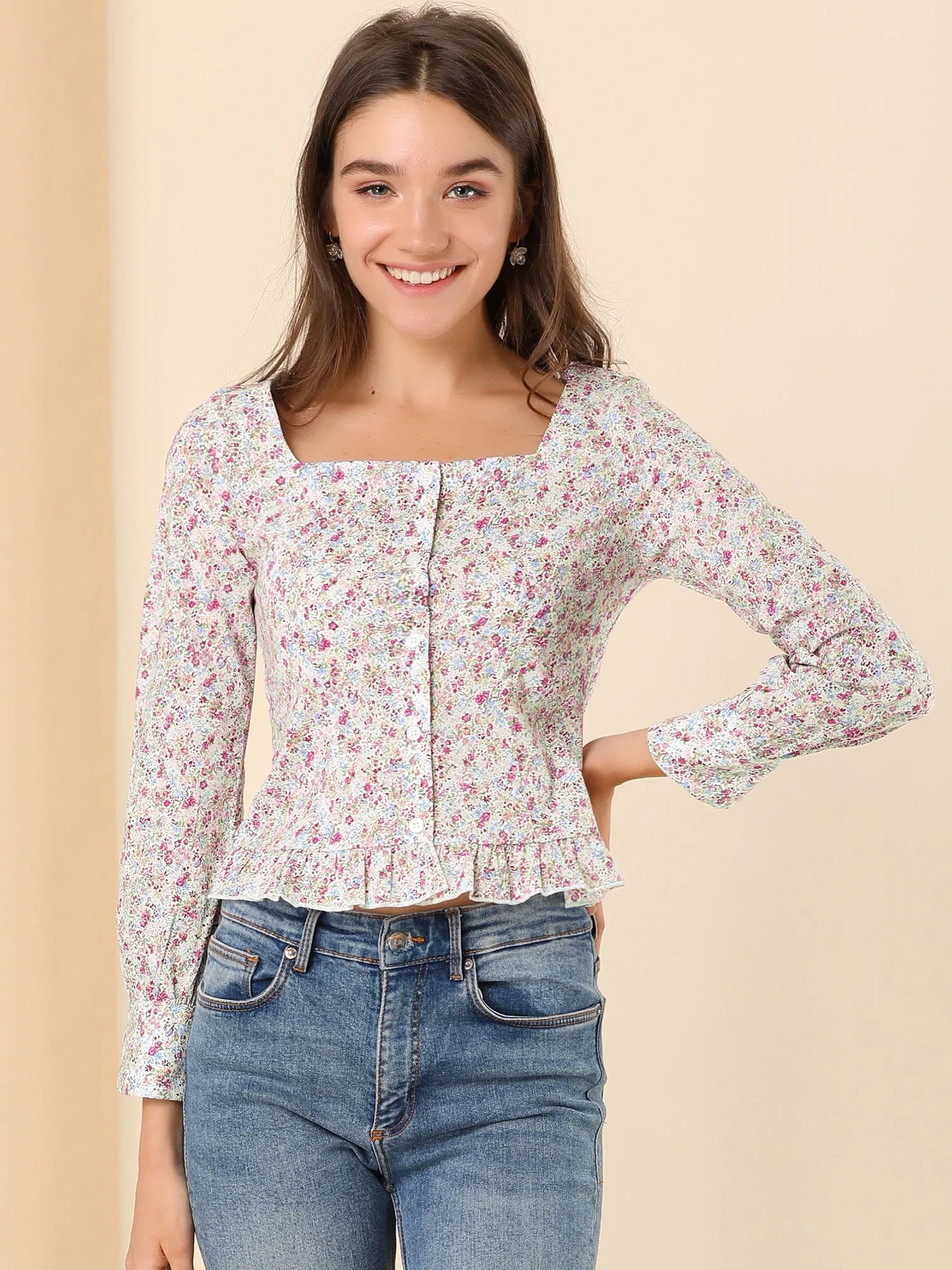 Square Neck Ruffle Shirt Long Sleeve Crop Top Floral Blouse sold by Allegra K product image thumbnail 2