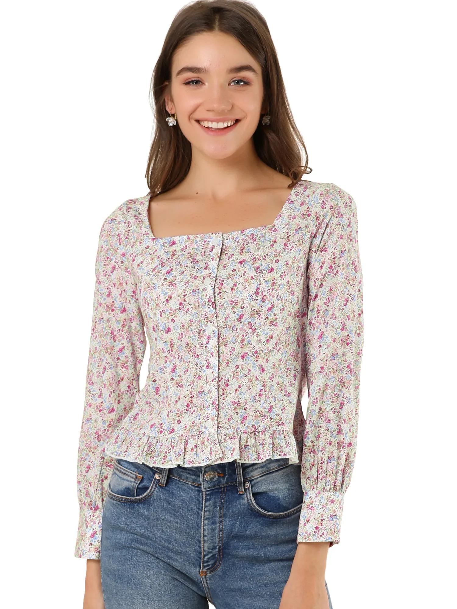 Square Neck Ruffle Shirt Long Sleeve Crop Top Floral Blouse sold by Allegra K