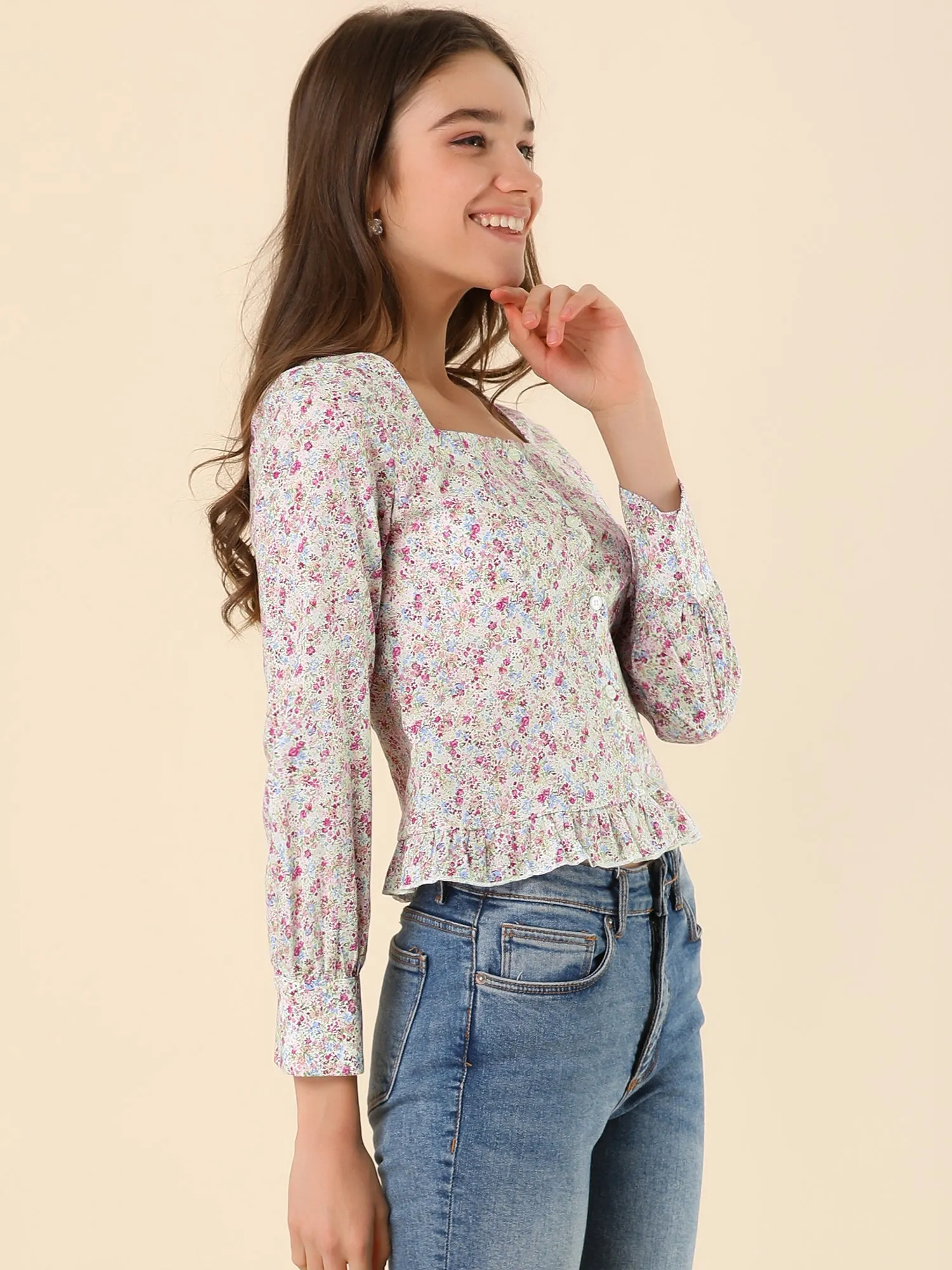 Square Neck Ruffle Shirt Long Sleeve Crop Top Floral Blouse sold by Allegra K product image thumbnail 3