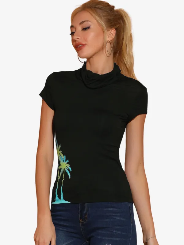 Short Sleeve Turtle Neck Tropical Coconut Tree Print T-shirt sold by Allegra K