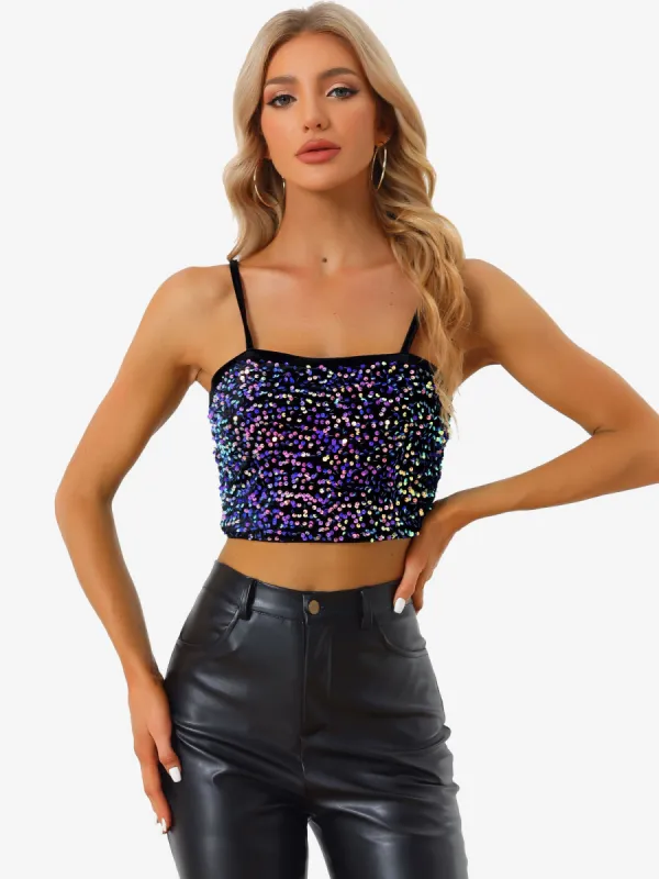 Sequined Velvet Spaghetti Strap Club Party Cropped Cami Top sold by Allegra K