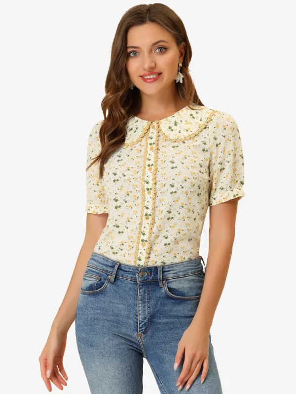 Floral Blouse Peter Pan Collar Lace Trim Button Down Shirt sold by Allegra K