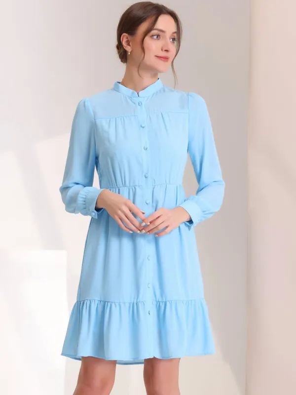 Stand Collar Long Sleeve Belted Chiffon Ruffle Hem Tiered Shirt Dress sold by Allegra K