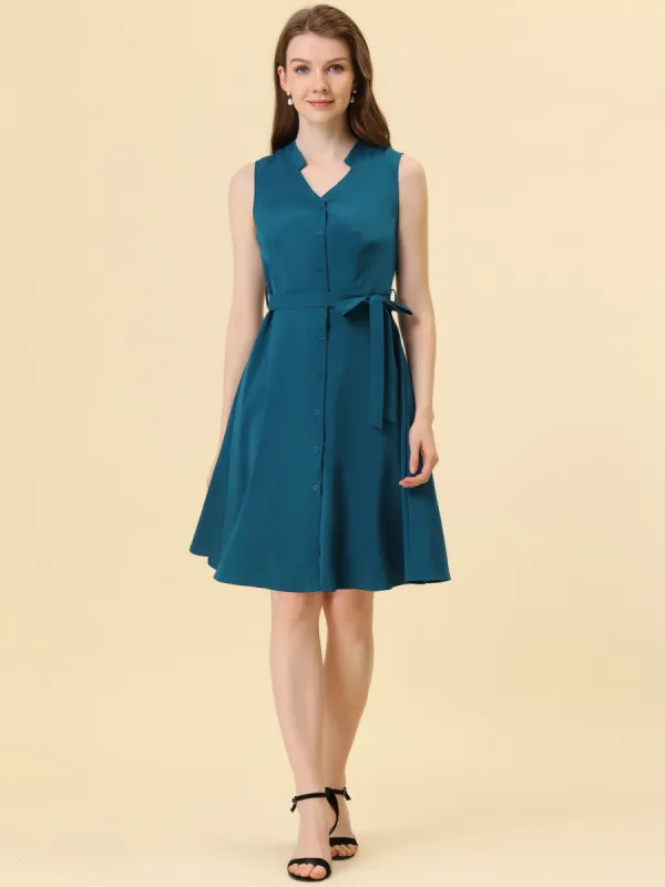 Sleeveless Shirtdress with Belted V Neck Office Button Down Dress sold by Allegra K