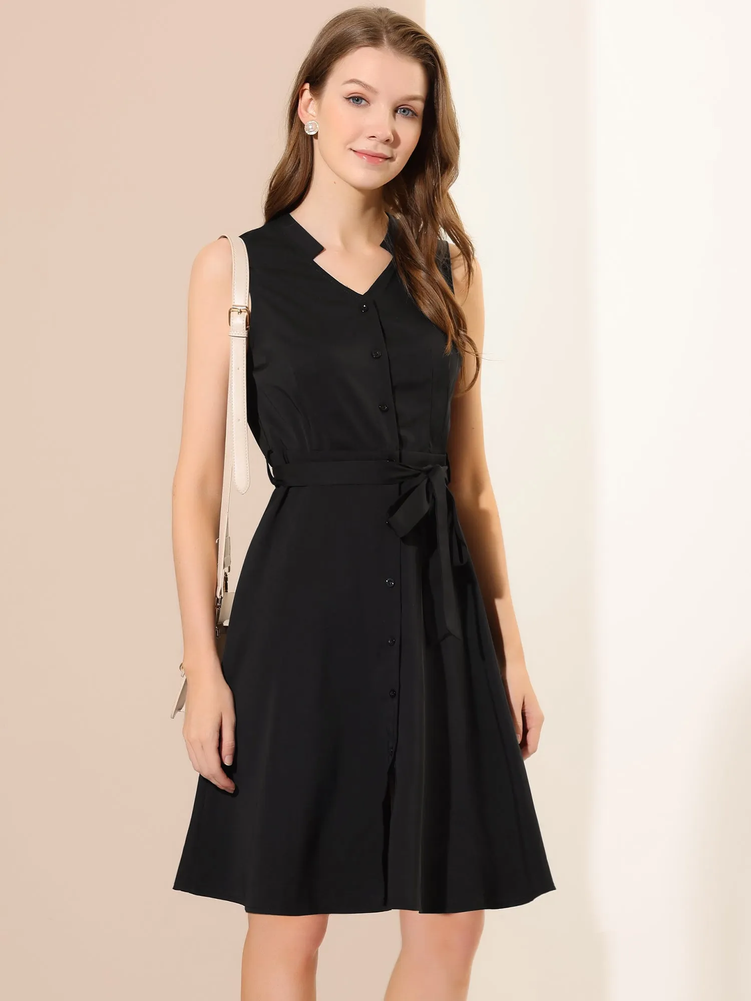 Sleeveless Shirtdress with Belted V Neck Office Button Down Dress sold by Allegra K product image thumbnail 5