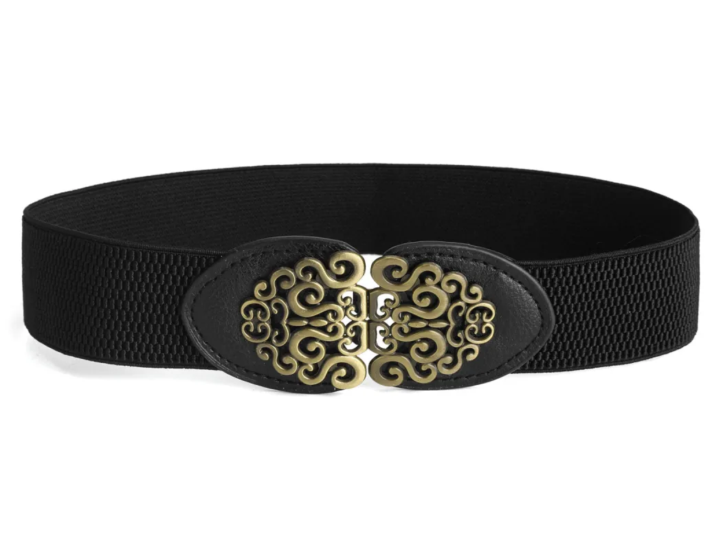 Gold Flower Design Metal Interlocking Buckle Elastic Waistbelt sold by Allegra K