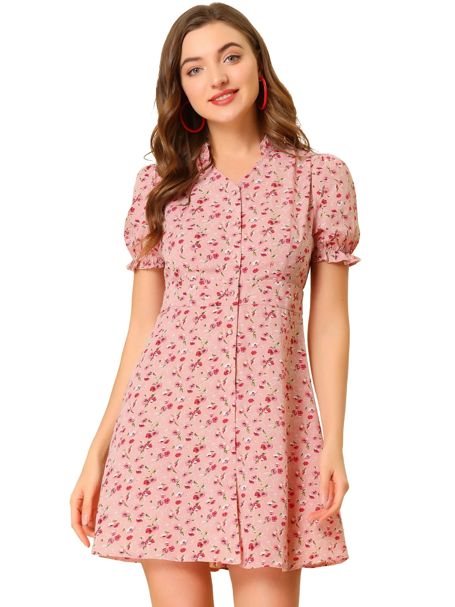 Floral Ruffle Neck Puff Short Sleeve Chiffon Mini Dress sold by Allegra K product image thumbnail 4