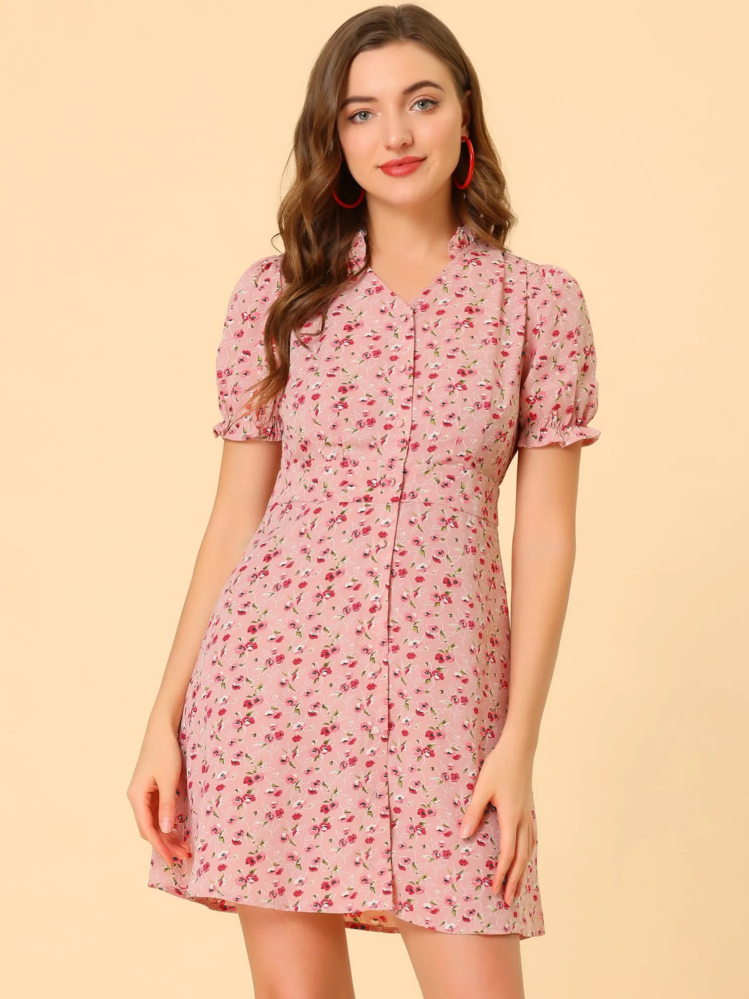Floral Ruffle Neck Puff Short Sleeve Chiffon Mini Dress sold by Allegra K product image thumbnail 2
