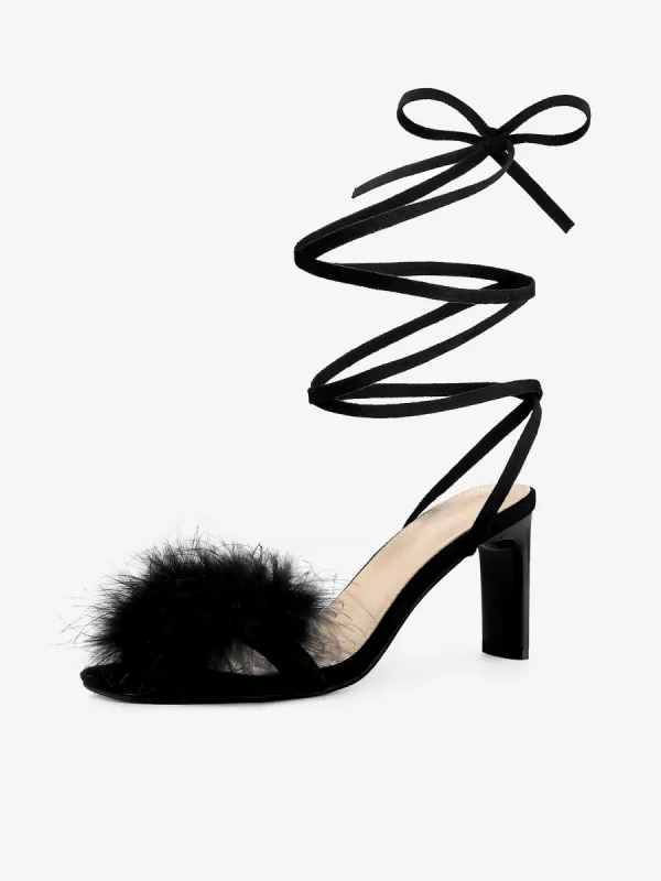 Women's Faux Fur Slingback Block Heels Lace Up Sandals sold by Allegra K