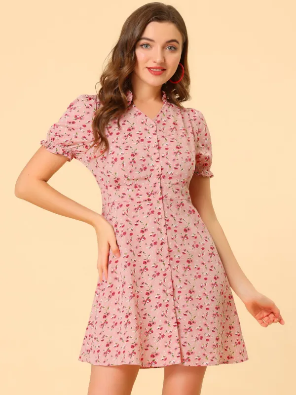 Floral Ruffle Neck Puff Short Sleeve Chiffon Mini Dress sold by Allegra K